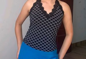 Black Lace Trim Print Halter Top