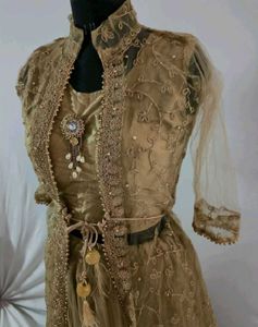 3 Piece Elegant Golden Net Lehenga Choli Set