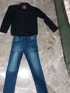 Boy'sBlack Printed Shirt and Jeans Set