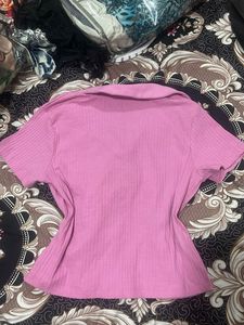 Pink Ribbed Zip Polo Top
