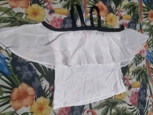 Chic White Cold Shoulder Top with Black Trim