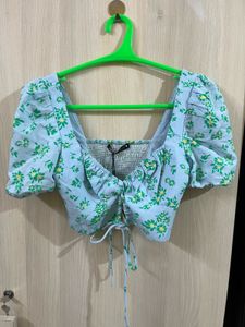 Zara Blue Floral Puff Sleeve Crop Top