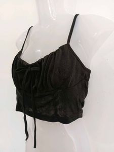 Black Ruched Tie-Front Crop Top