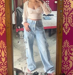 Savana Light Wash Wide Leg Cargo Jeans