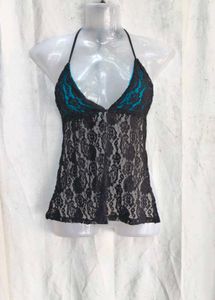 1110. Black Lace Camisole with Teal Accents