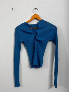 mango Blue Ribbed Long Sleeve Top