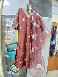 Elegant Brown Kurta Set with White Embroidery