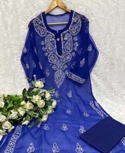Elegant Blue Chikankari Kurta with Mirror Work