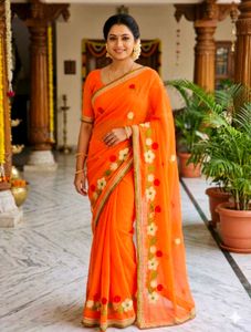 Vibrant Orange Embroidered Saree