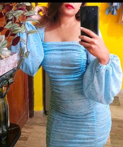 Aqua Blue Ruched Mini Dress with Statement Sleeves