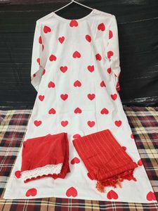 White Kurta Set with Red Hearts