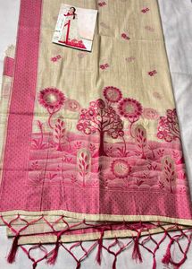 Elegant Cream &amp; Pink Tussar Saree