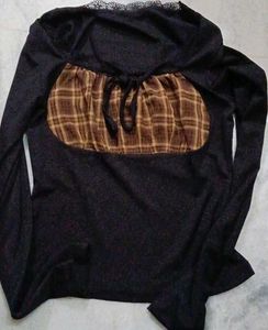 Stylish Plaid Detail Long Sleeve Top