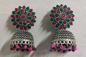 Stunning Emerald & Ruby colored Jhumka Oxidised Si