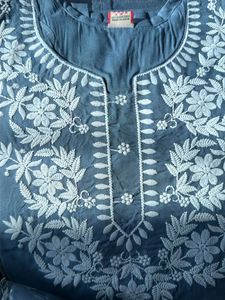 Blue Embroidered Cotton short Kurta