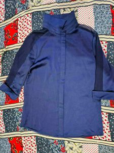 Chic Navy Blue Sheer Panel Shirt