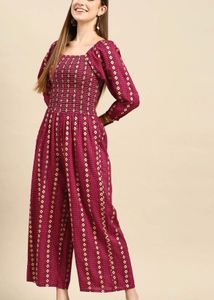 Stylish Burgundy Printed Jumpsuit
