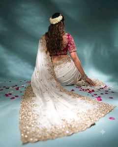 Elegant White &amp; Gold Embroidered Saree