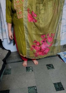 Olive Green Kurta Set with Floral Dupatta