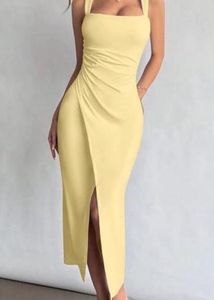 Elegant Yellow Ruched Midi Dress