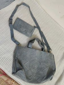 Blue Suede Shoulder Bag with Pouch