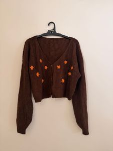 Brown Cropped Cardigan with Flower Embellishment