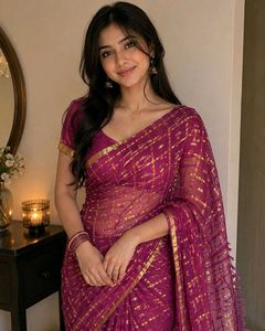 Purple &amp; Gold Checkered saree