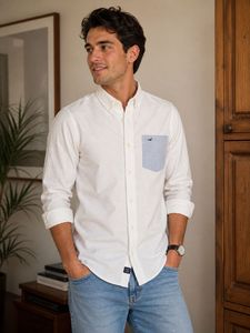 Men's White Casual Shirt with Pocket Detail