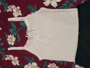 Cream Ribbed Blouse with Lace Trim