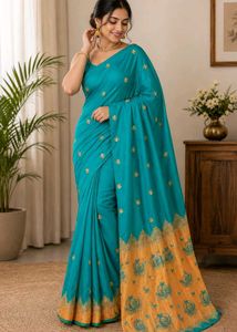 Stunning Teal Silk Saree with Gold Embroidery