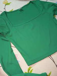 Green Square Neck Ribbed Top