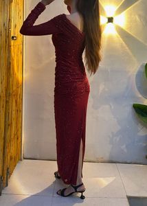 Maroon Embellished Off Shoulder Dress