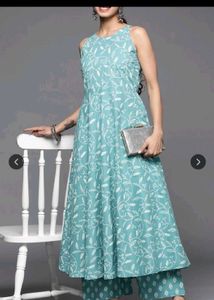 Aqua Blue Kurta Set with White Floral Print