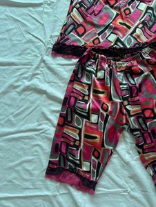 Silky Pajama Set - Pink Geometric Print