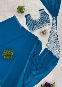 Teal &amp; Silver Embellished Saree