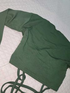 Green Ruched Tie-Front Crop Top