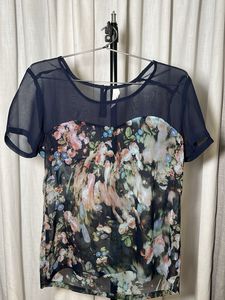 Sweetheart Neck Floral Sheer Navy Top