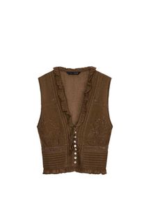 Zara Top - Brown Ruffled Lace-Up Vest To