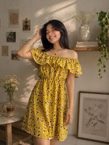 Yellow Floral Off-Shoulder Mini Dress