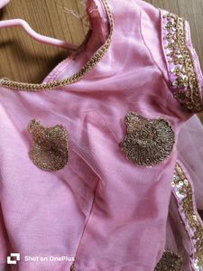 Pink net saree with sequin zari motifs
