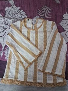 Elegant White & Gold Striped Kurta