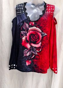 Women's Rose Print Cold Shoulder Top