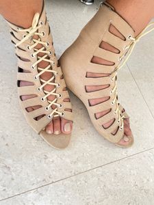 Beige tie-up flat sandals