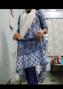 blue white cotton anarkali printed frock legi