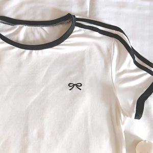 White bow crop top with Black Stripes