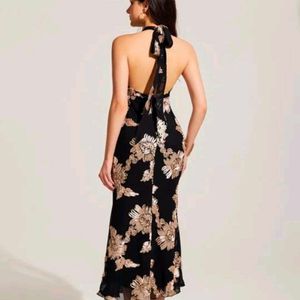 Elegant Black Floral Halter Maxi Dress