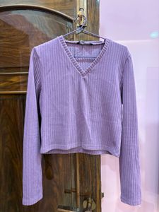 Purple Ribbed V-Neck Long Sleeve Top