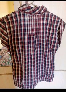 Women's Plaid Short Sleeve Tie Neck Blouse