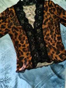 Sheer Leopard Print Lace Trim Top