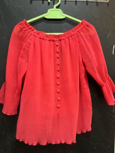 Red Off-Shoulder Pleated Button-Up Top